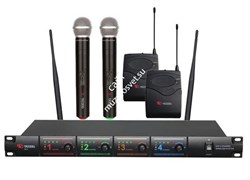 VOLTA US-4X (725.80/622.665/520.10/490.21)  Микрофонная радиосистема с двумя ручными и двумя головными микрофонами UHF диапазона с фиксированной частотой. LCD-дисплей, True Diversity, Plug&play. - фото 149538