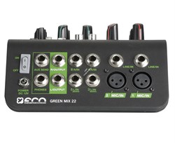 ECO GREEN MIX 22 Миниатюрный микшерный пульт со встроенным аудиоинтерфейсом. 2 микрофонно-линейных входа и 3 стереопары. 2-х полосный эквалайзер (микр\лин входы) 1 AUX SEND. Дополнительные вход\выход для записывающего устройства, выход на наушники. Отключ - фото 149565