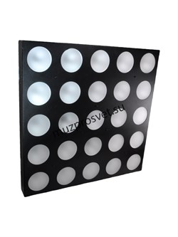 MATRIX 5x5-White
                Прожектор MATRIX 5x5-White
Матричный прожектор 5x5, 25 мощных 3W White-светодиодов. Управление DMX 512: 1/4/9/25/29 каналов. Видимый эффект Blinder. Потребляемая мощность: 90 Вт. Габариты: 600x600x60 мм (без кронштейна). 
 - фото 190762