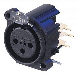 Разъем XLR панельный, 3 конт., гнездо, прав. бок., в ПП, тип-A, земля-корпус-панель соед. (100 шт) - фото 200171