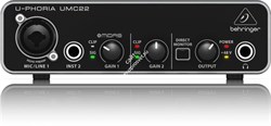 Behringer UMC22 внешний звуковой интерфейс, USB 2.0 , 2 вх/2 вых канала, 1 мик/лин вход (комб. XLR+1/4"TRS, предусилитель MIDAS), 1 инструментальный  вход (1/4" TRS), 2 лин выхода  (1/4" TRS), выход на наушники с режимом прямого мониторинга, ПО Tracktion  - фото 28320