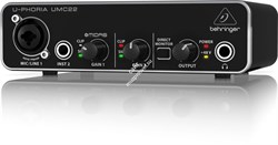 Behringer UMC22 внешний звуковой интерфейс, USB 2.0 , 2 вх/2 вых канала, 1 мик/лин вход (комб. XLR+1/4"TRS, предусилитель MIDAS), 1 инструментальный  вход (1/4" TRS), 2 лин выхода  (1/4" TRS), выход на наушники с режимом прямого мониторинга, ПО Tracktion  - фото 28321