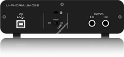 Behringer UMC22 внешний звуковой интерфейс, USB 2.0 , 2 вх/2 вых канала, 1 мик/лин вход (комб. XLR+1/4"TRS, предусилитель MIDAS), 1 инструментальный  вход (1/4" TRS), 2 лин выхода  (1/4" TRS), выход на наушники с режимом прямого мониторинга, ПО Tracktion  - фото 28322